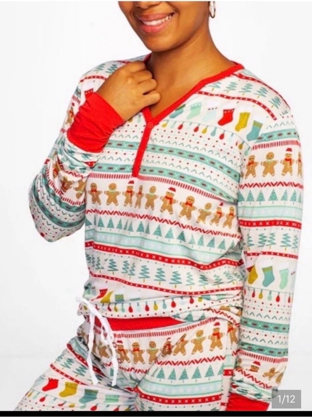 Womens Holiday Gingerbread & Stocking Pajama Set - Red Trim